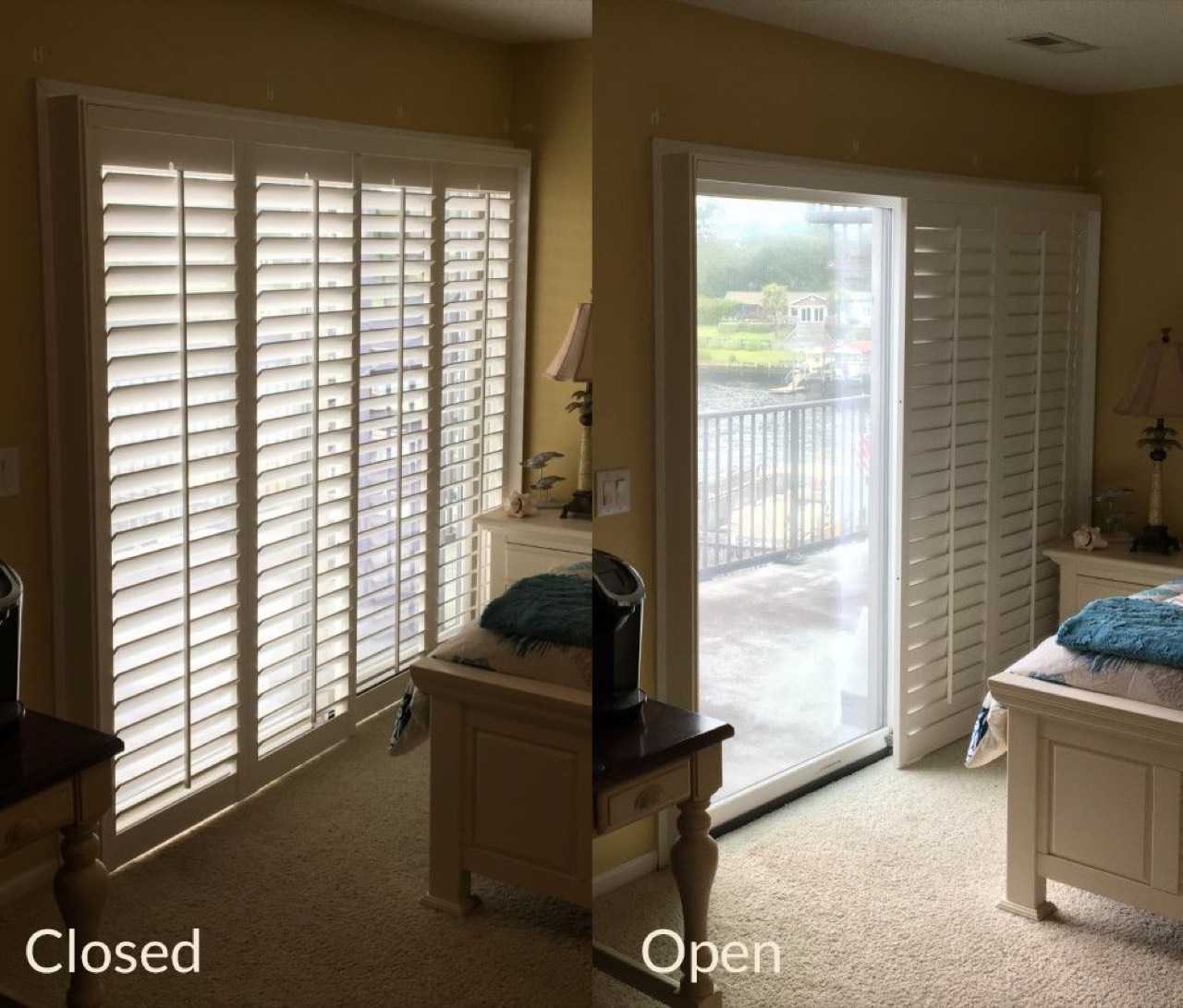 Bypass track sliding plantation shutters over a sliding glass door